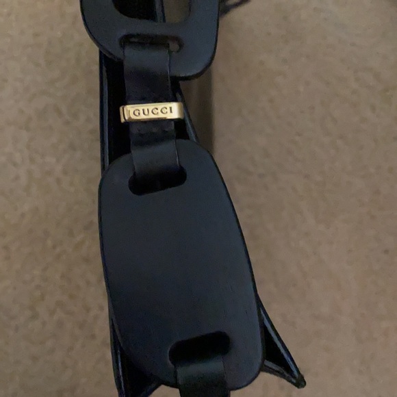 Vintage NEW GUCCI sleek black leather shoulder bag crossbody handbag w/wood RARE - Picture 9 of 13